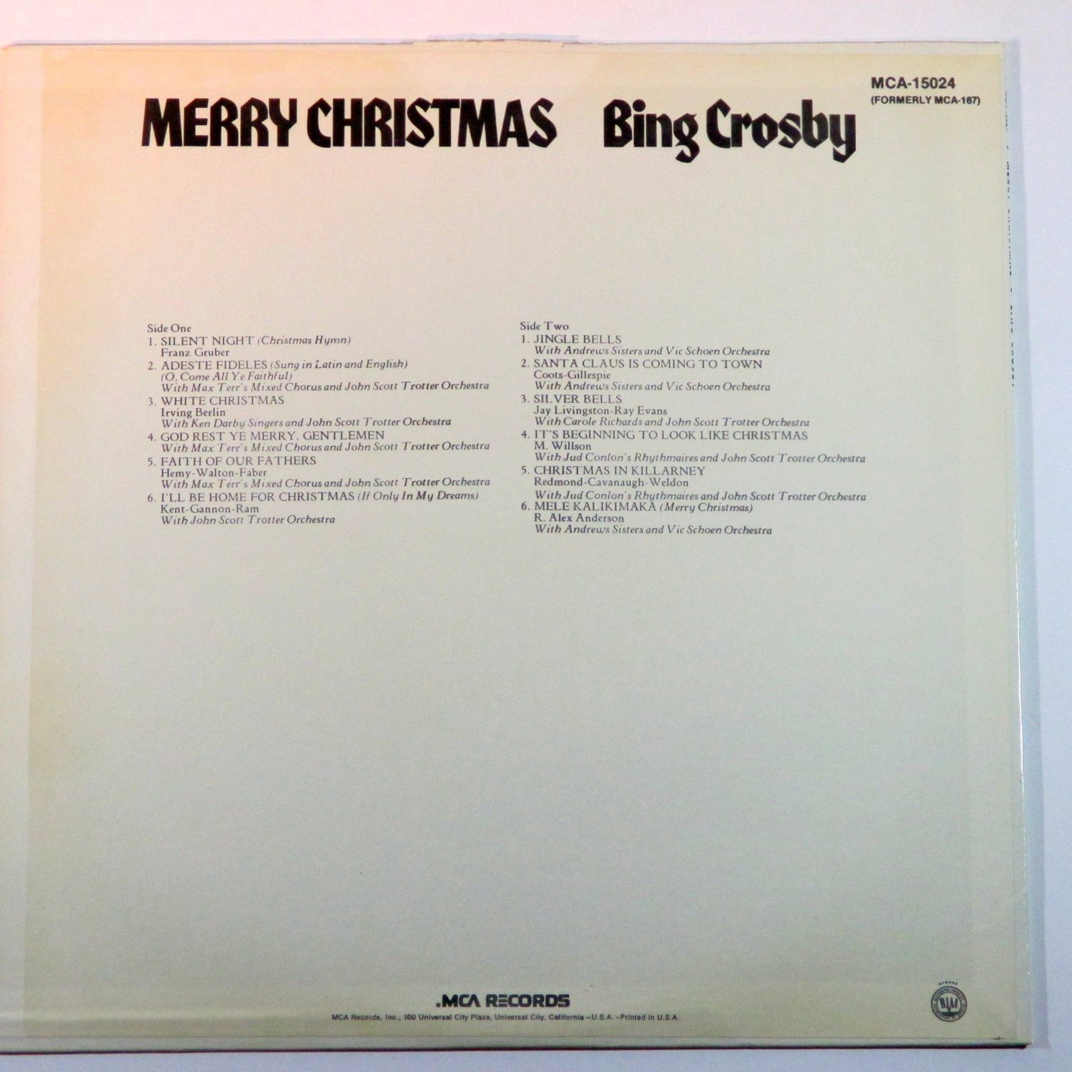 BING CROSBY MERRY CHRISTMAS LP BACK COVER