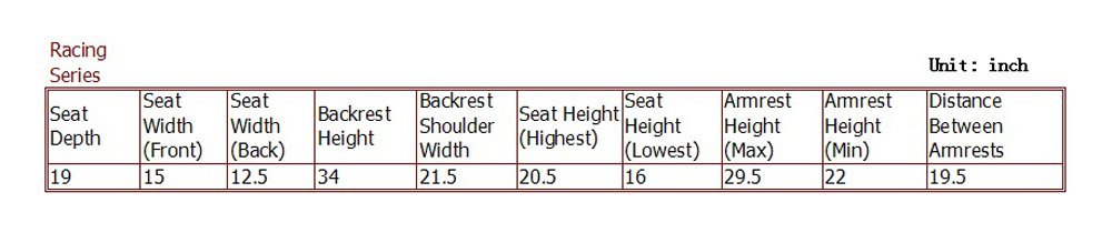 DXRacer Tacing Series Gaming Chair size guide